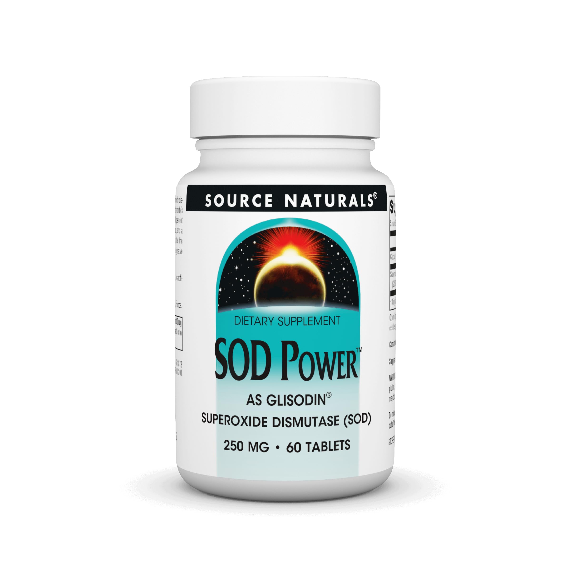 Source Naturals SOD Power bottle label highlights GliSODin for antioxidant support.
