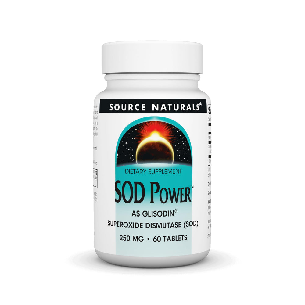 Source Naturals SOD Power bottle label highlights GliSODin for antioxidant support.