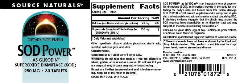 Supplement facts panel for Source Naturals SOD Power Glisodin