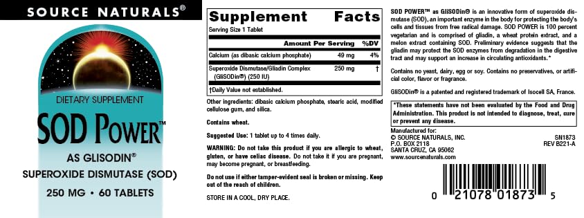 Packaging emphasizes Source Naturals SOD Power as USA-made manufacturing.
