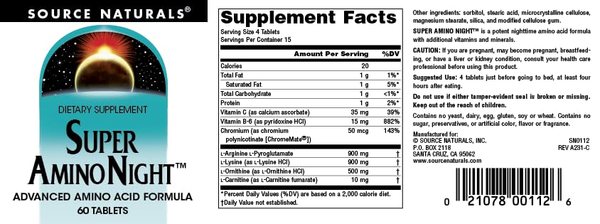 Supplement facts panel for Source Naturals Super Amino Night
