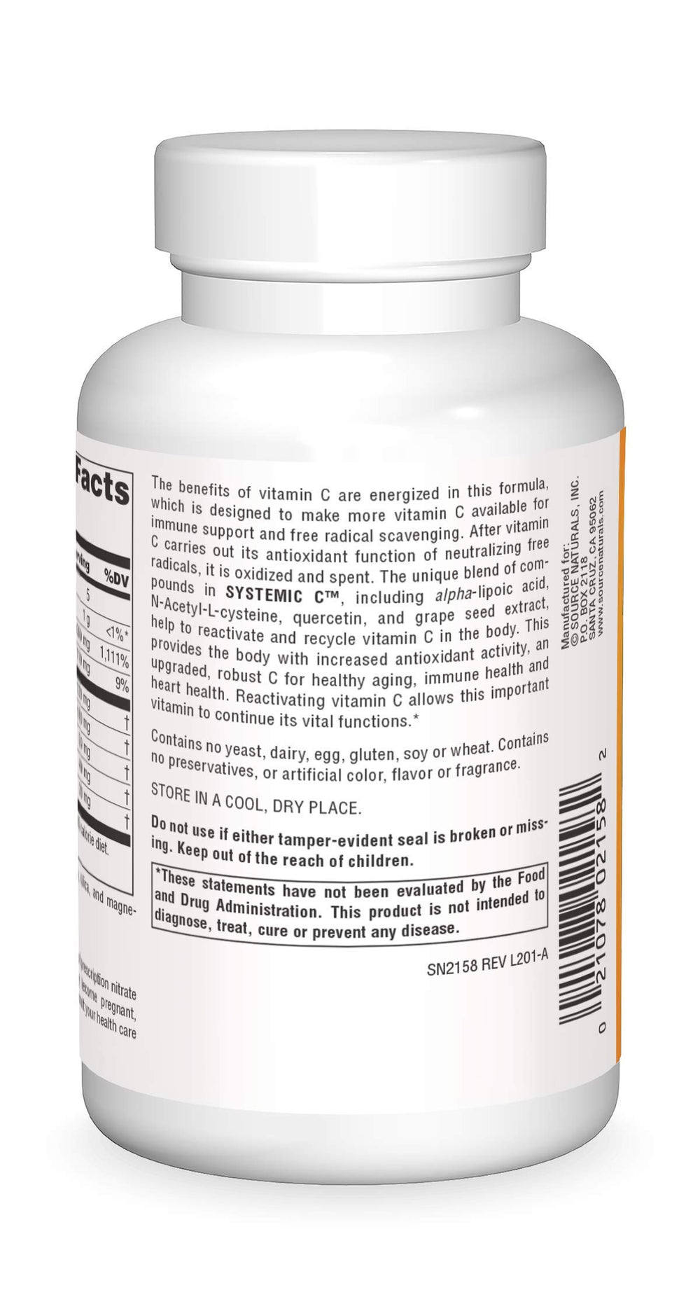 Close-up of Systemic C bottle label highlighting vitamin C benefits