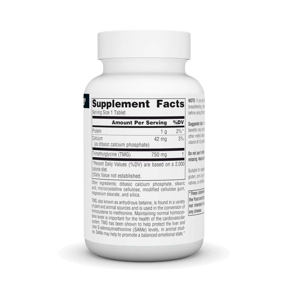 Front view of Source Naturals TMG 750mg bottle