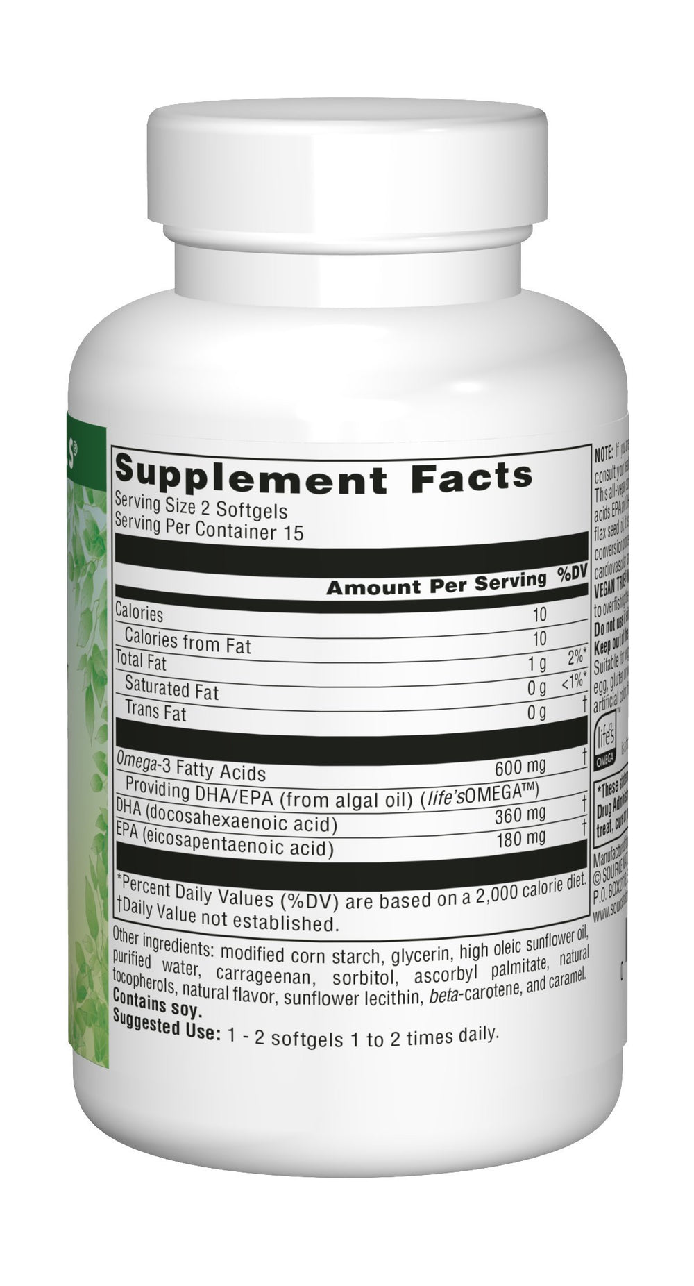 Label showing vegan omega-3 ingredients and EPA/DHA