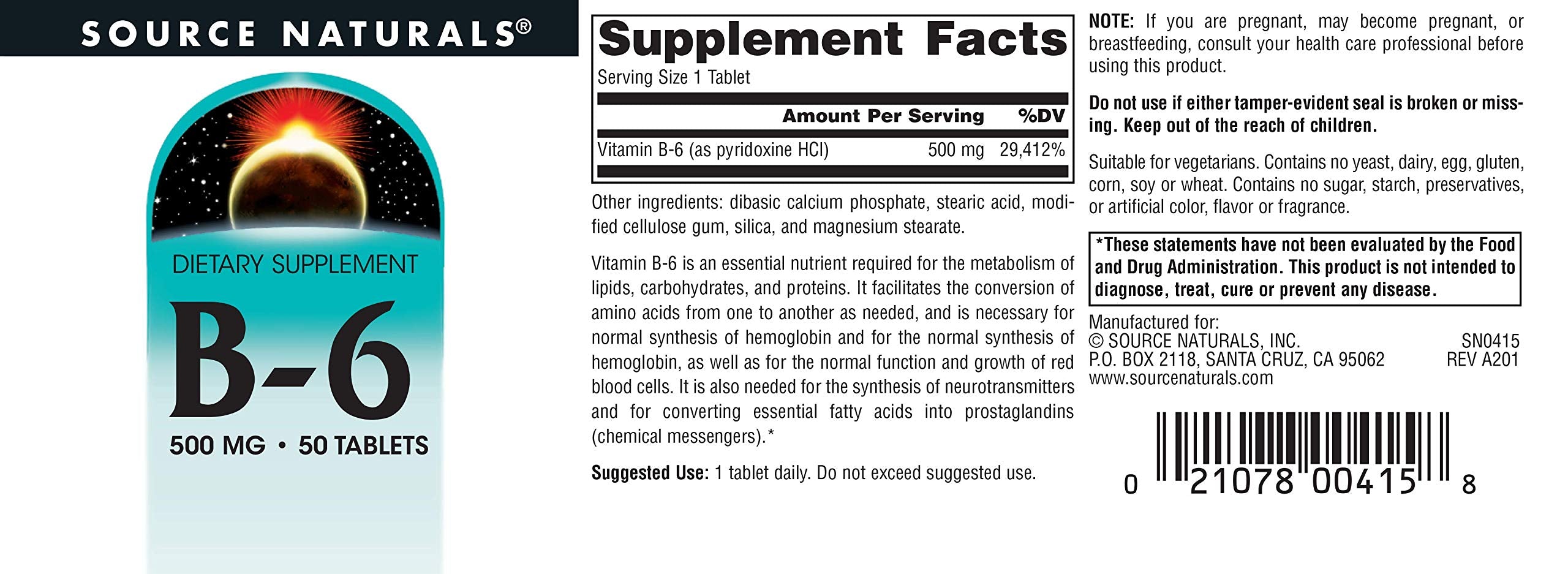 Supplement facts panel for Vitamin B-6 500 mg