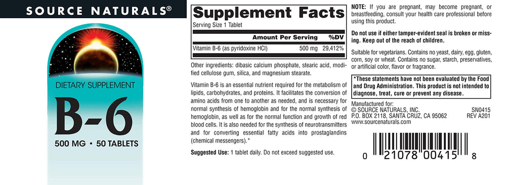 Supplement facts panel for Vitamin B-6 500 mg