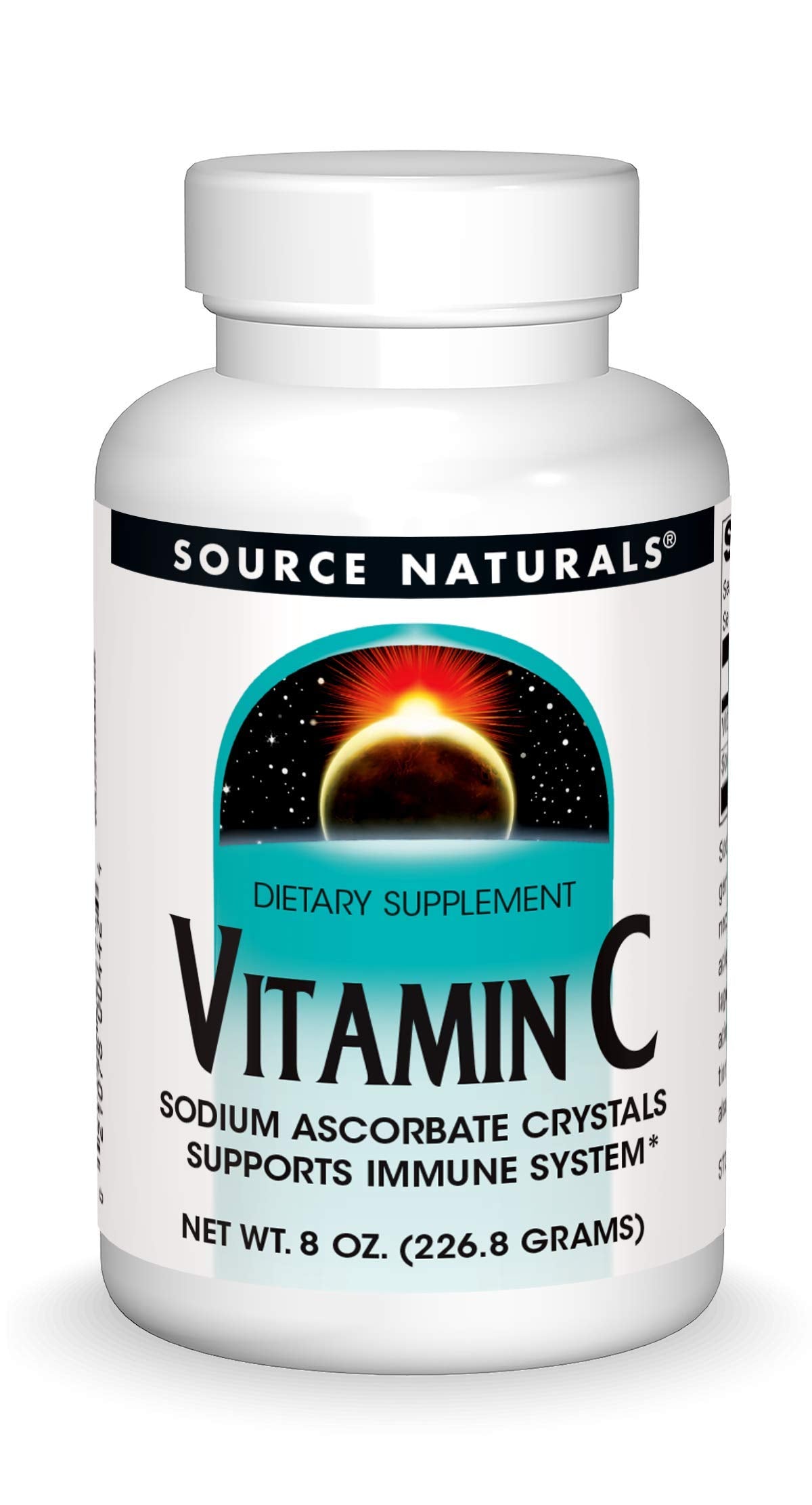 Bottle label for Source Naturals Vitamin C Sodium Ascorbate Crystals 8 oz