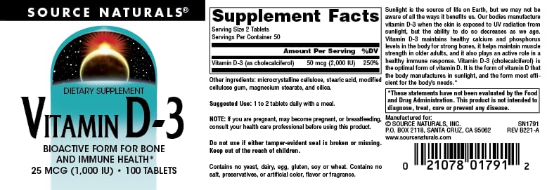 Nutritional facts panel for Vitamin D-3 1000 IU
