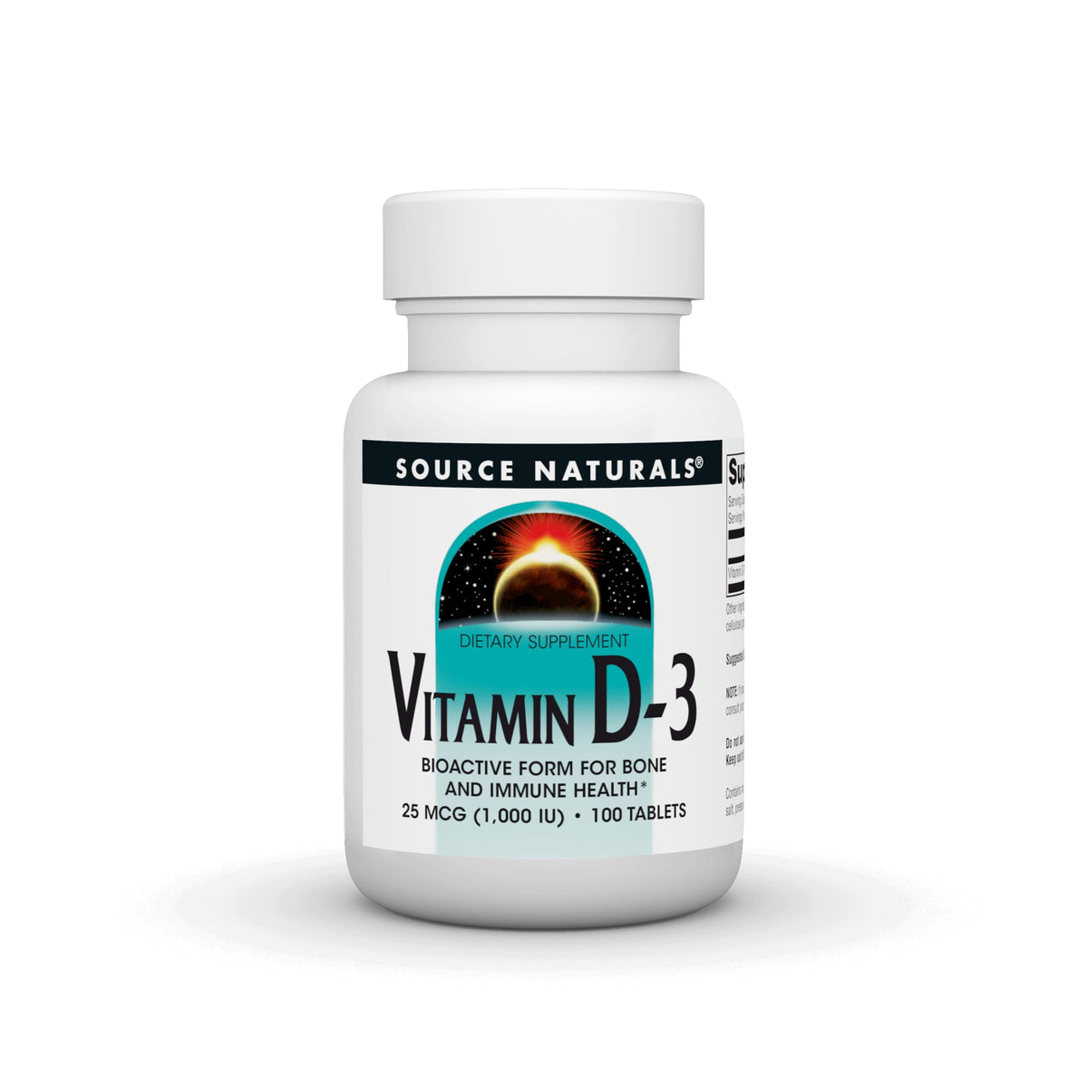 Bottle front view of Source Naturals Vitamin D-3 1000 IU, 100 tablets