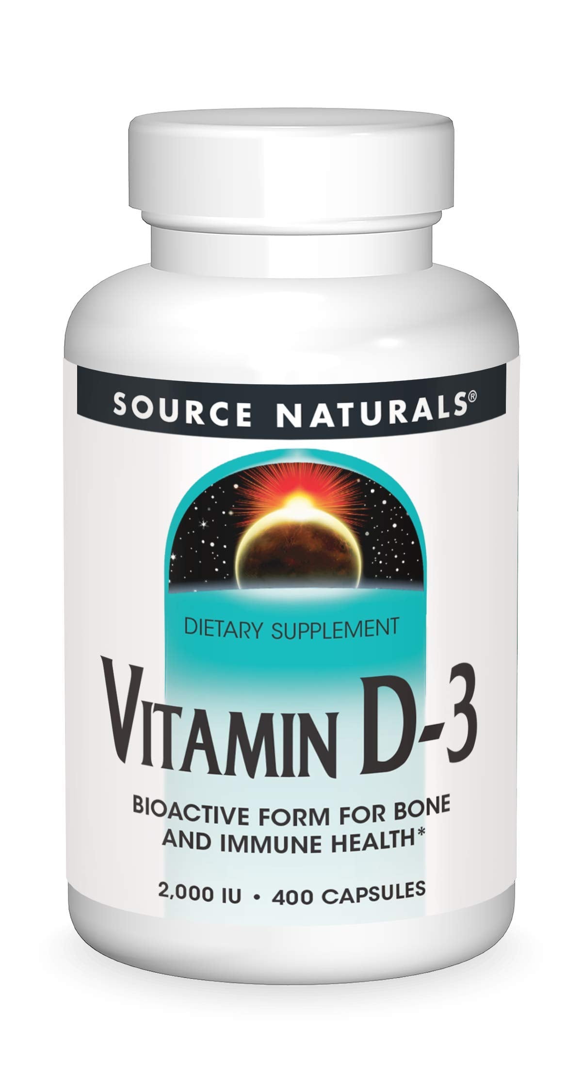 Bottle front view of Source Naturals Vitamin D-3 2000 IU 400 capsules