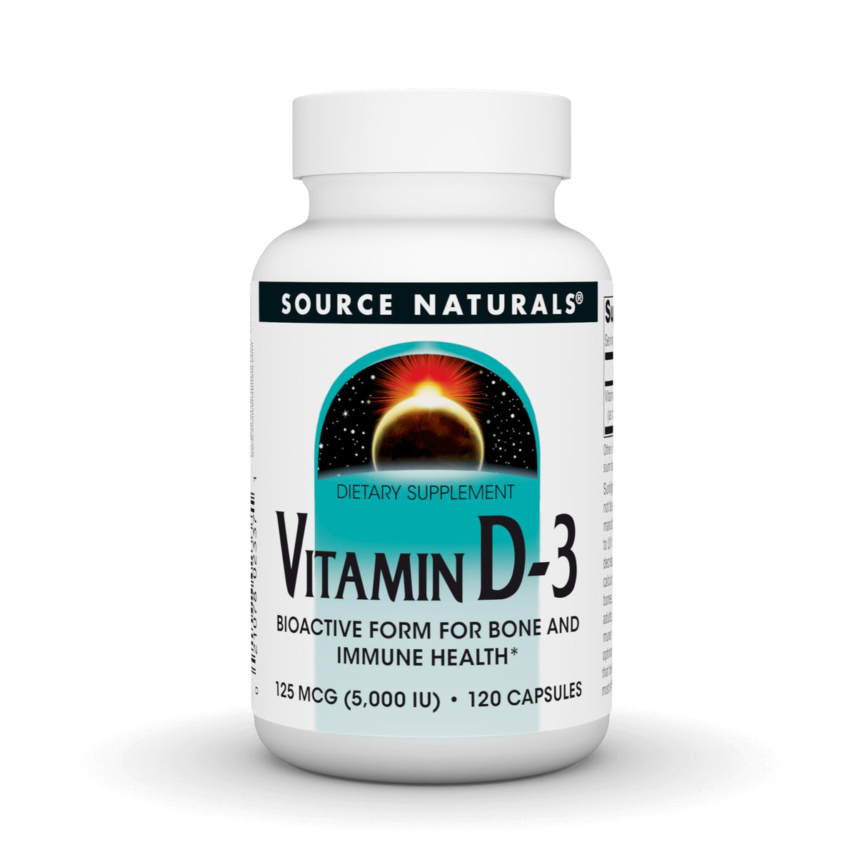 Bottle of Source Naturals Vitamin D-3 5000 IU Bioactive 120 capsules