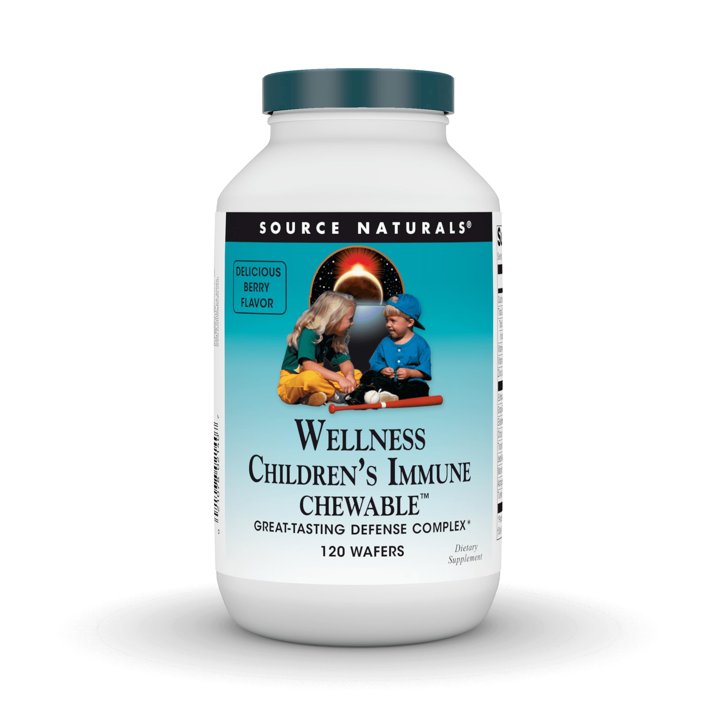 Source Naturals Wellness Children's Immune Chewable Berry jar shows kid-friendly daily immune support.