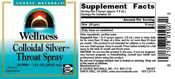 Back of Source Naturals Colloidal Silver Throat Spray bottle with usage information