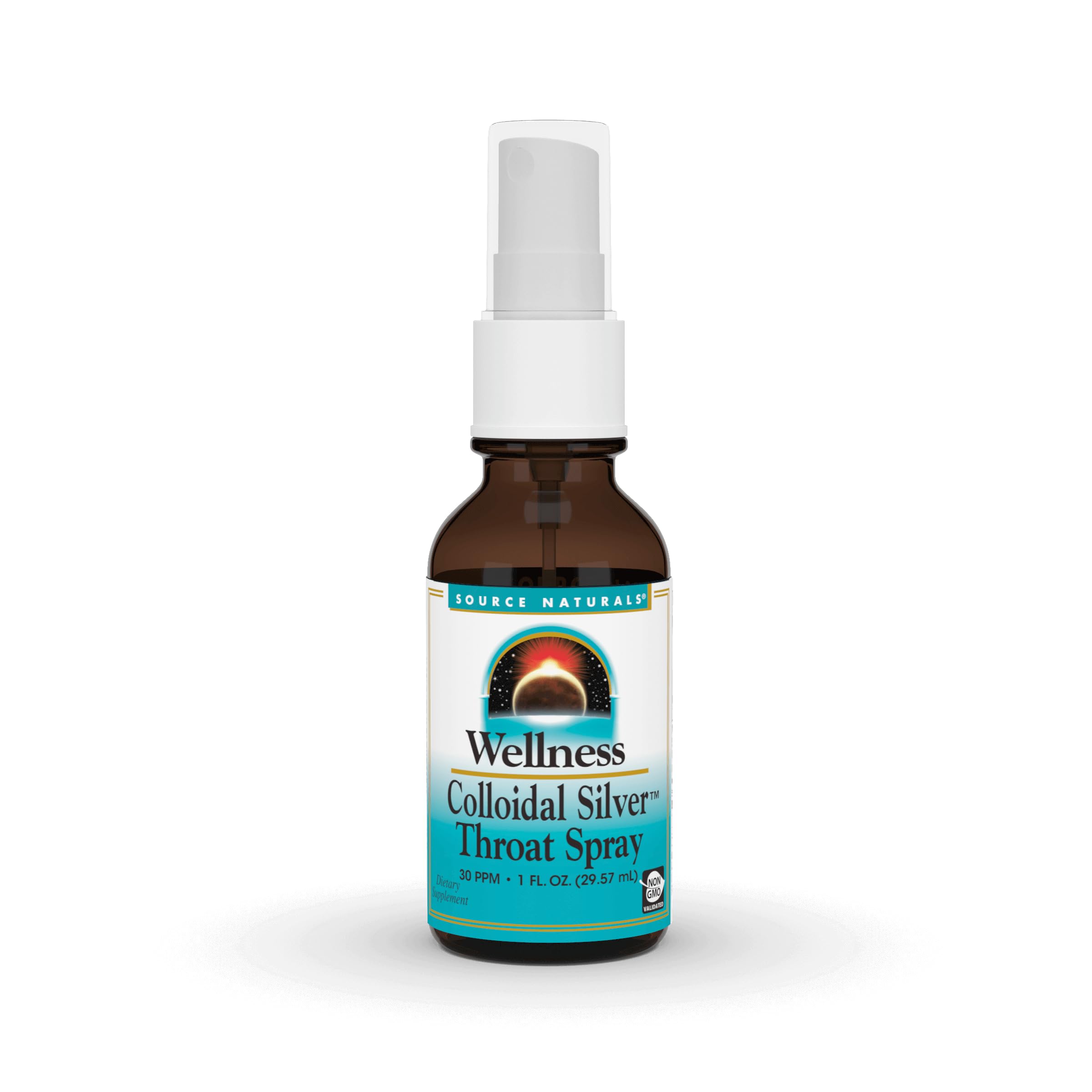 Front view of Source Naturals Wellness Colloidal Silver Throat Spray 1 fl oz bottle