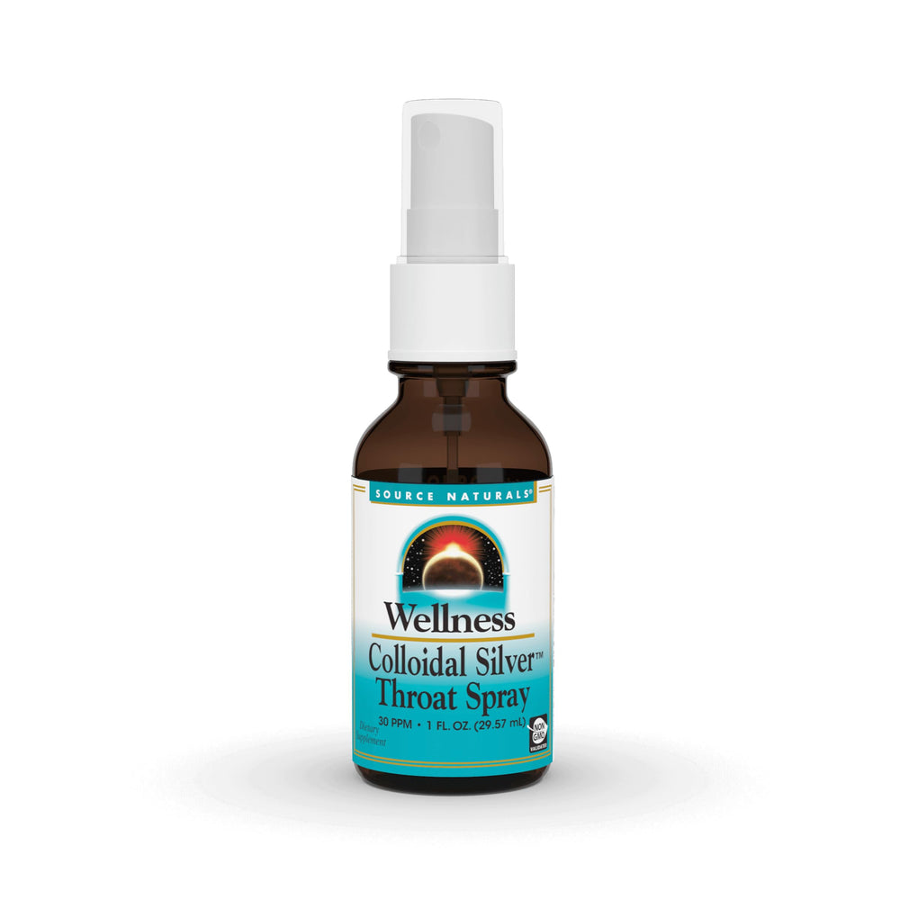 Front view of Source Naturals Wellness Colloidal Silver Throat Spray 1 fl oz bottle