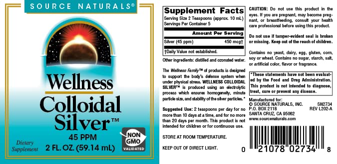 Close-up of product label showing 45 ppm colloidal silver