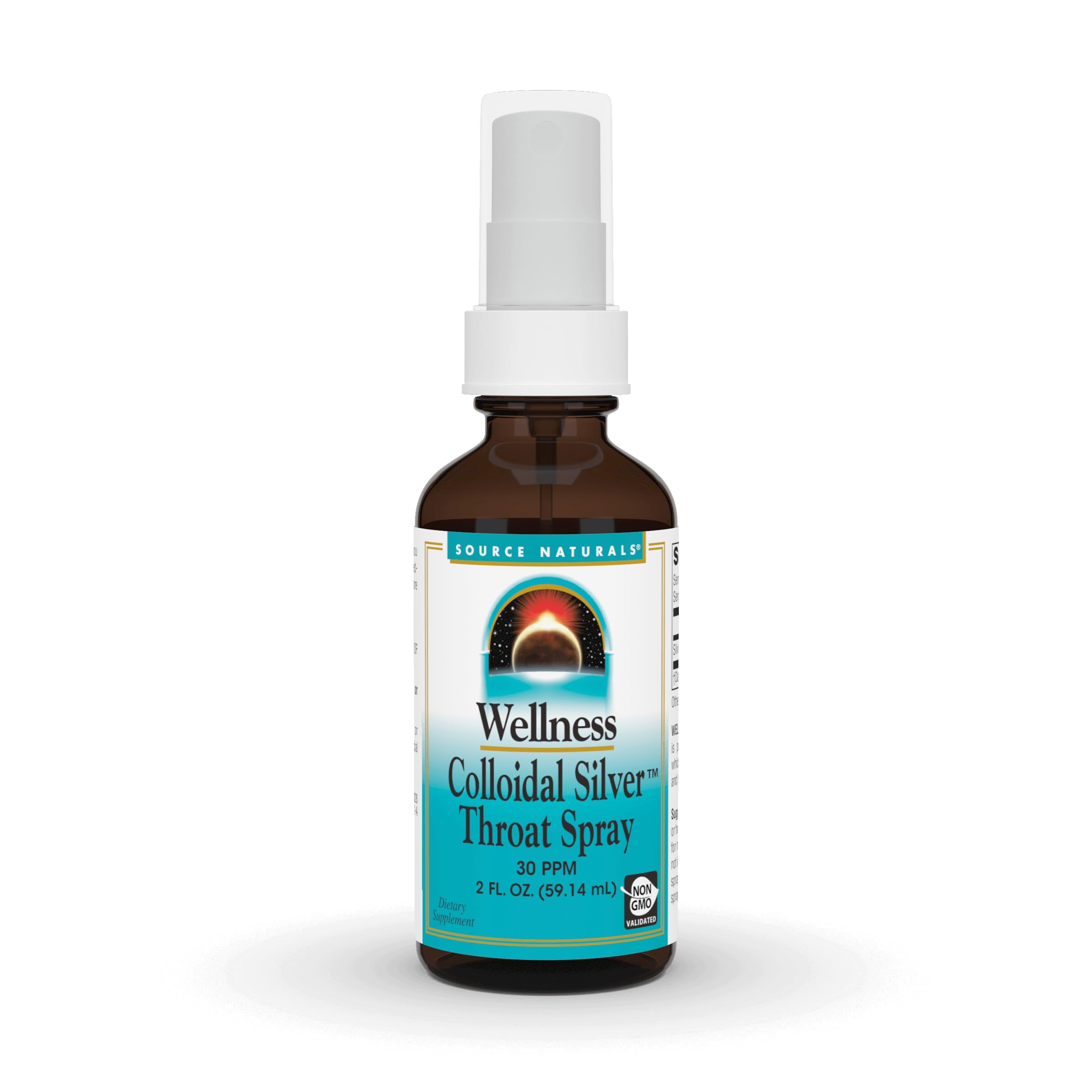 Bottle of Source Naturals Wellness Colloidal Silver Throat Spray, 30 PPM, 2 fl oz