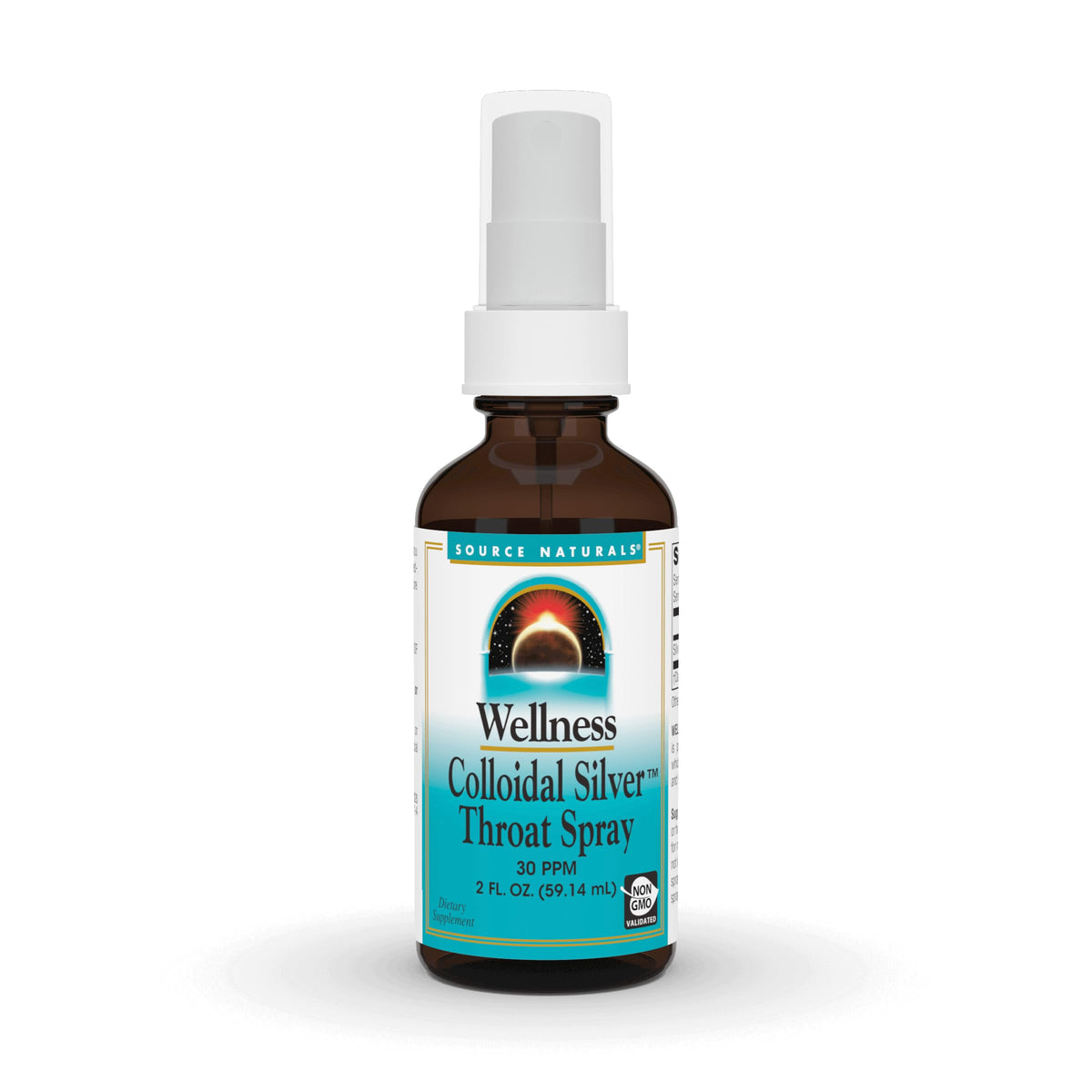 Bottle of Source Naturals Wellness Colloidal Silver Throat Spray, 30 PPM, 2 fl oz
