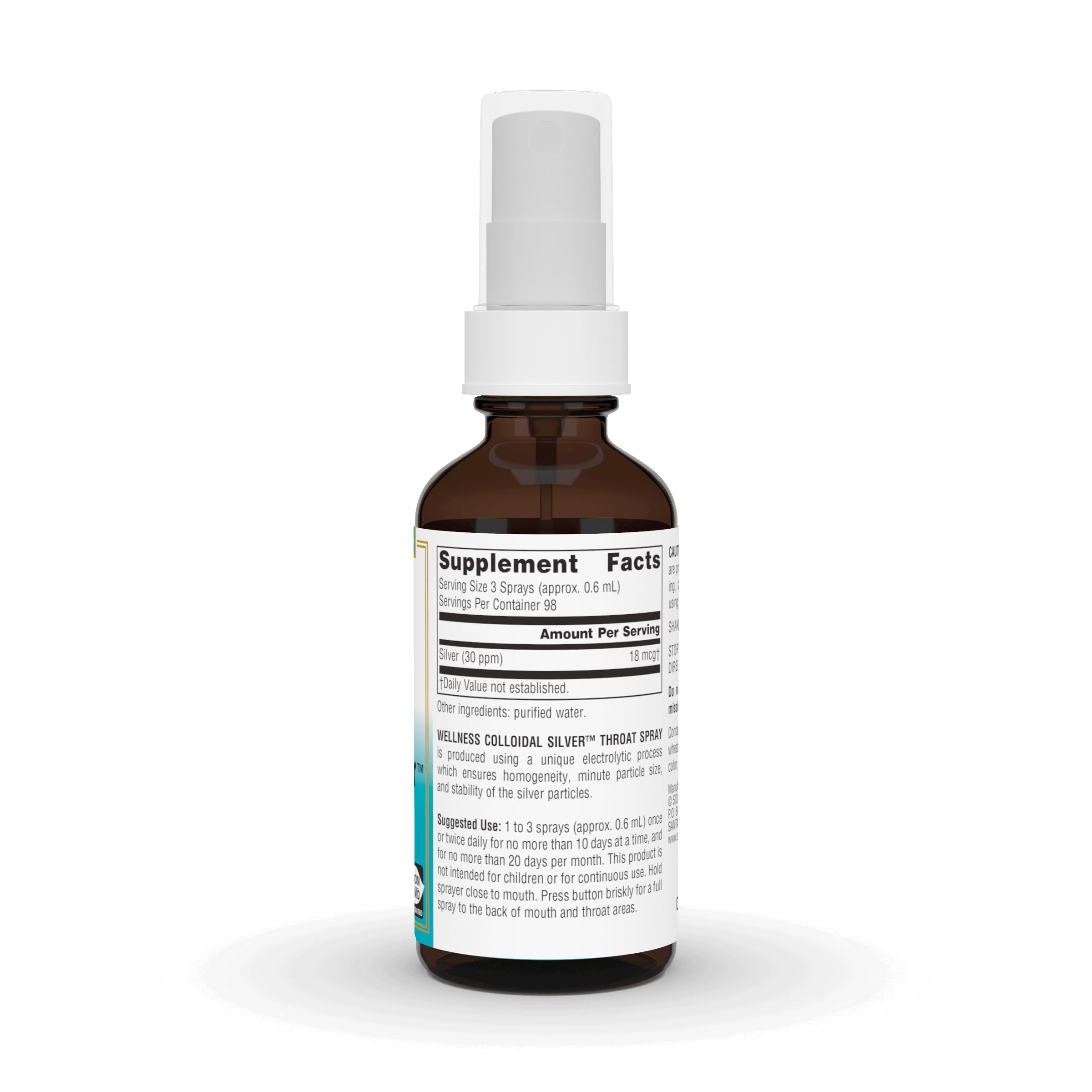 Close-up of spray nozzle and label on Colloidal Silver Throat Spray bottle