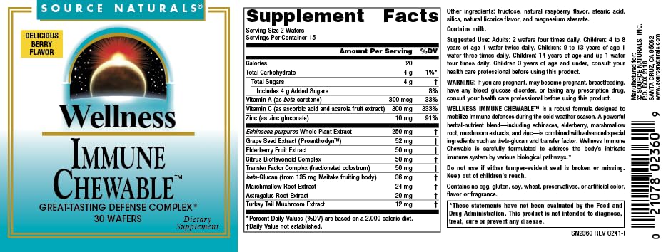 Graphic showing suggested use: adults 2 wafers four times daily