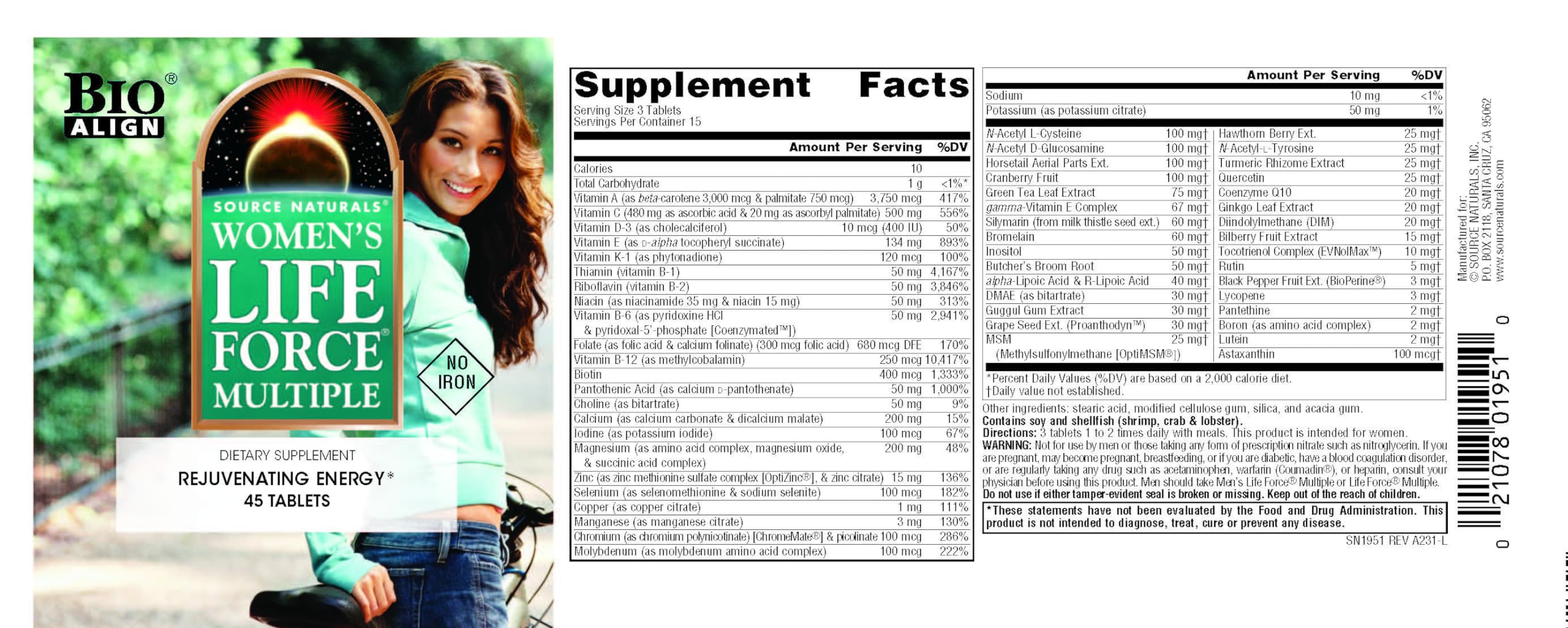 Close-up of nutrition facts on Life Force Iron Free bottle
