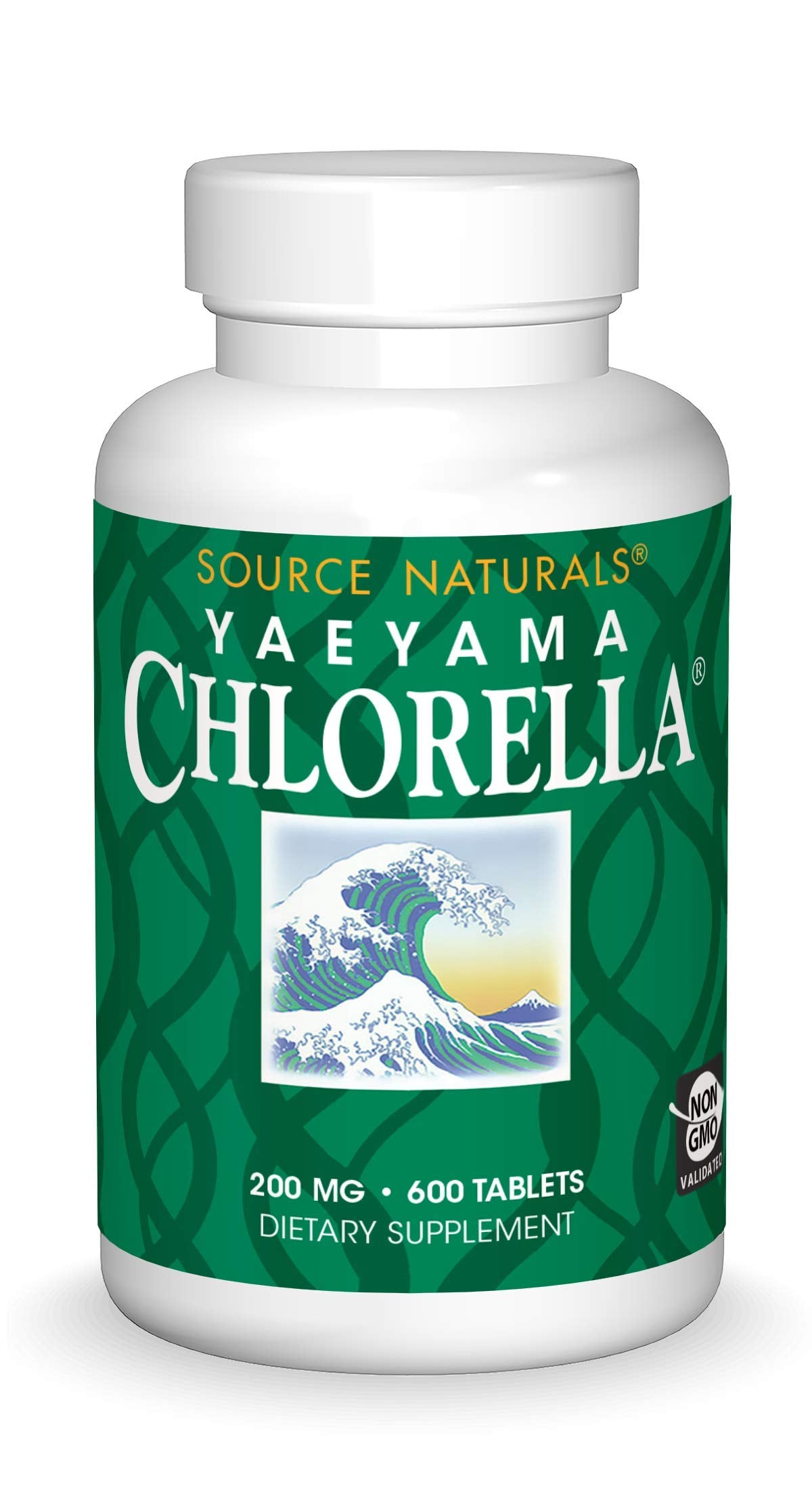 Product front label: Source Naturals Yaeyama Chlorella Green Superfood with Plant-Based B12