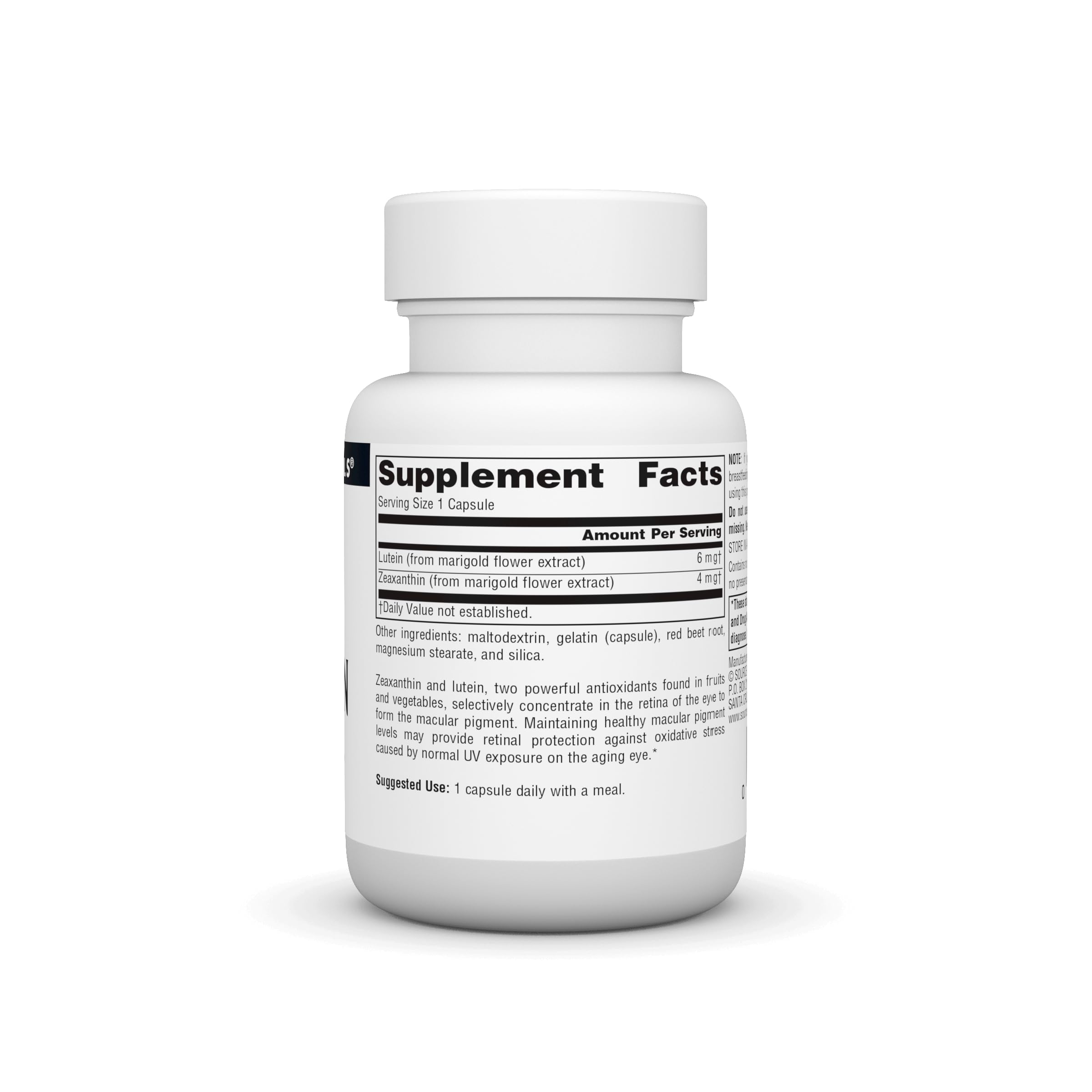 Supplement facts panel for Zeaxanthin and Lutein capsules