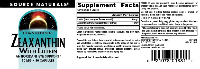 Front packaging view of Source Naturals Zeaxanthin with Lutein