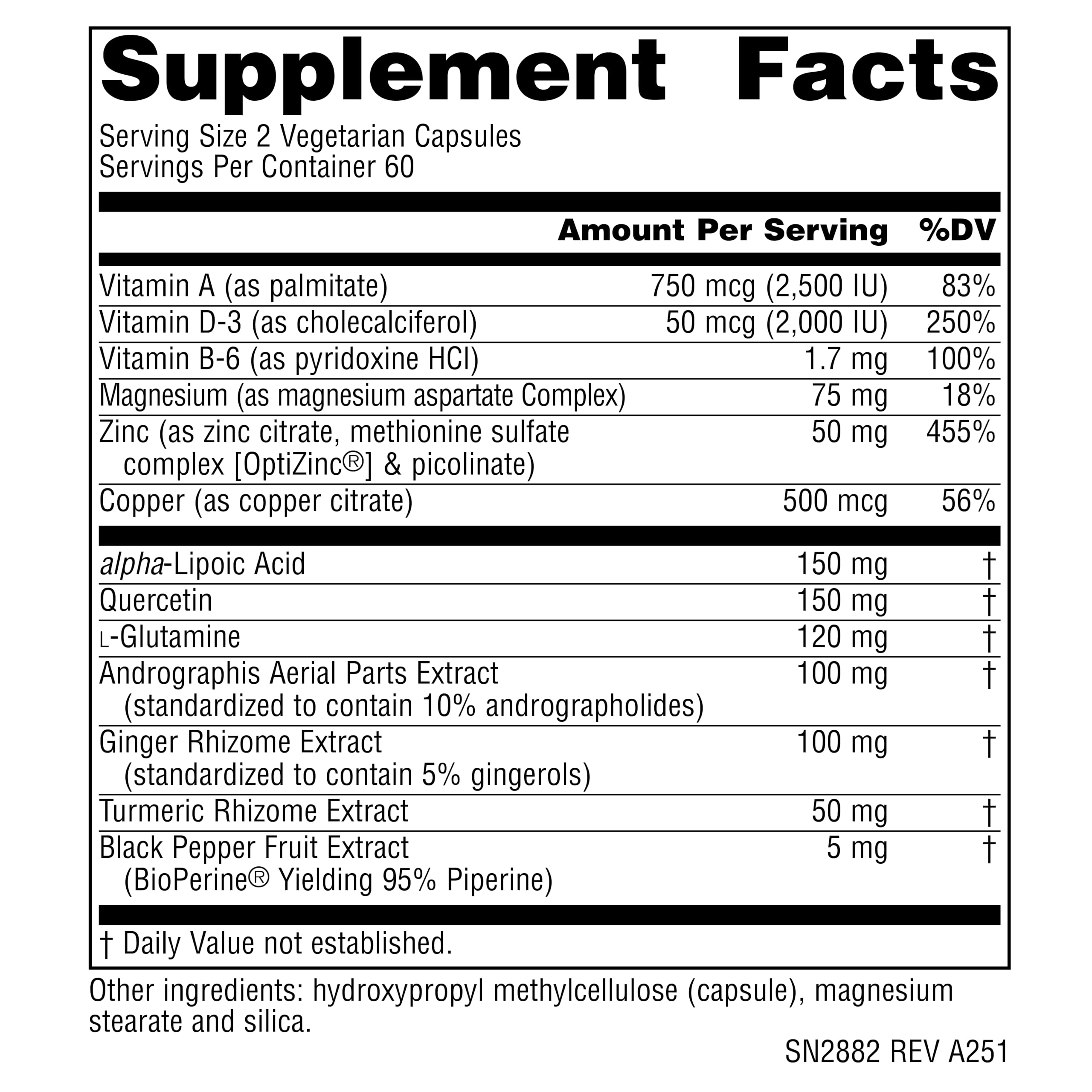 Key ingredients include Vitamin B6, Copper, Quercetin, Ginger and Turmeric