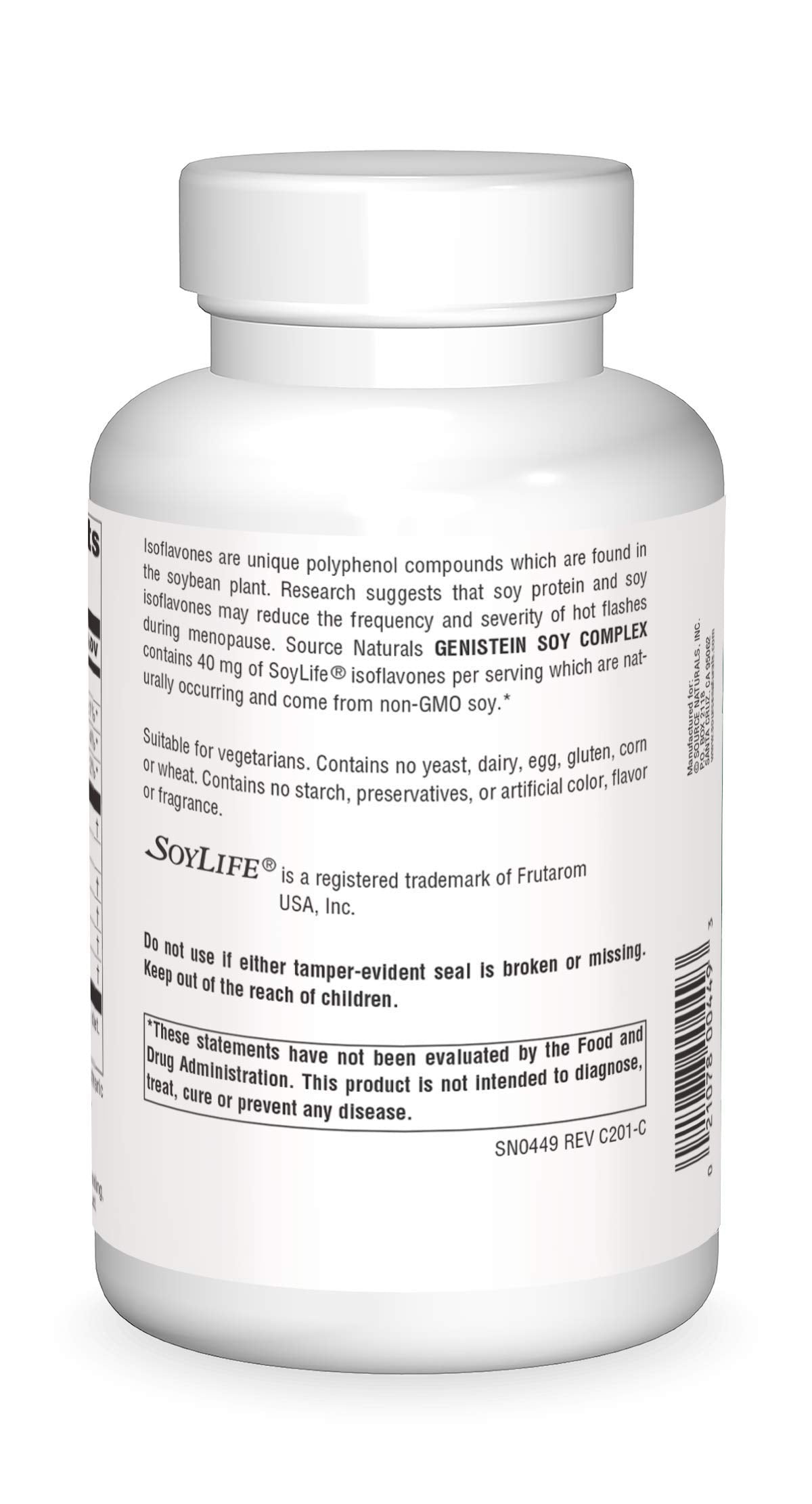 Source Naturals Genistein Soy Complex label reveals ingredients and allergen-friendly profile for sensitive diets.
