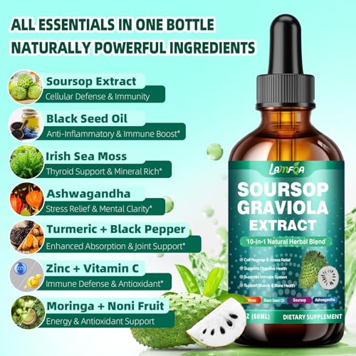 Soursop Bitters ingredients set including soursop, ashwagandha, turmeric and black seed oil