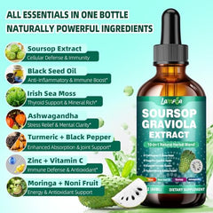 Soursop Bitters ingredients set including soursop, ashwagandha, turmeric and black seed oil