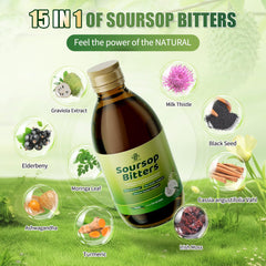 Label showing the 15-herb blend on Soursop Bitters Liquid