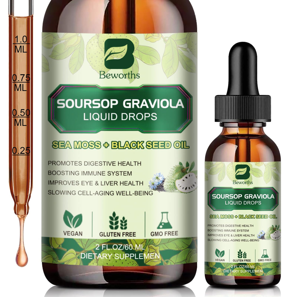 Bottle of Soursop Bitters Liquid Drops with sea moss and black seed oil ingredients