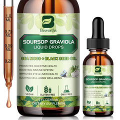 Bottle of Soursop Bitters Liquid Drops with sea moss and black seed oil ingredients