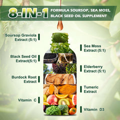Close-up of Soursop Bitters Liquid Drops ingredients including sea moss, black seed oil, and graviola leaf