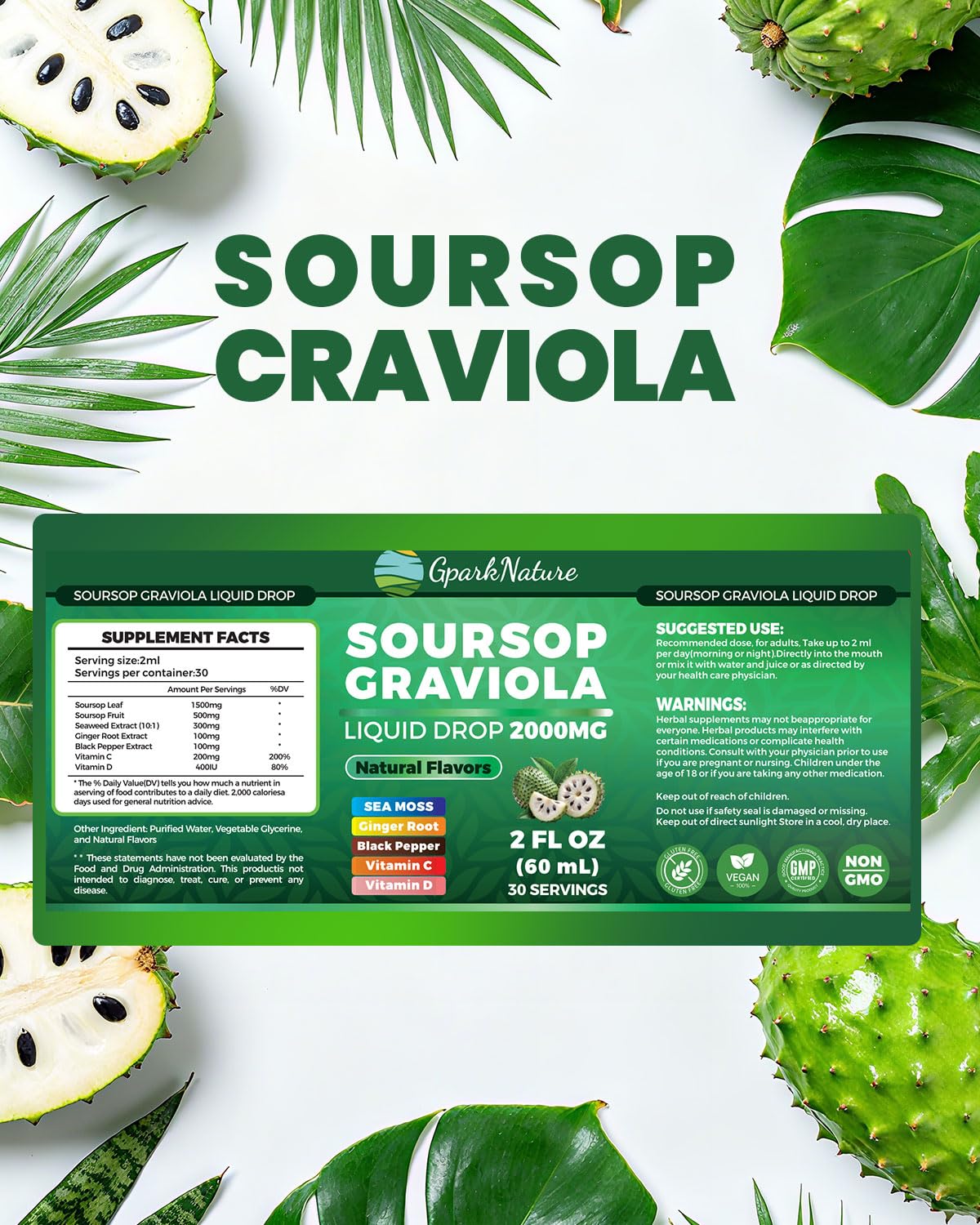 Lifestyle shot with Soursop Drops bottle and natural leaves