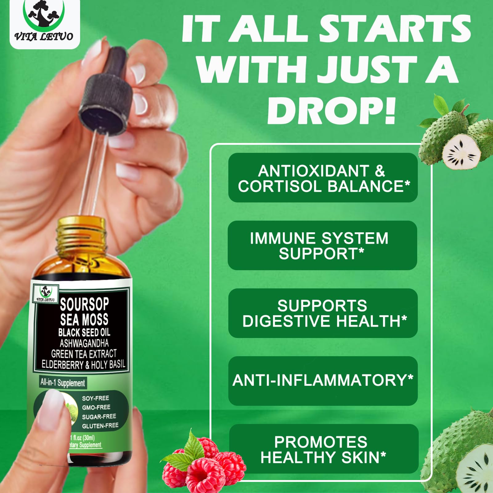 Side view of Soursop Drops bottle