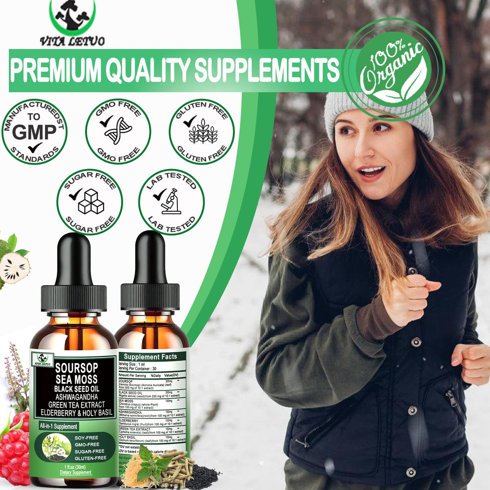 Ingredients: Green Tea Extract and Ashwagandha in Soursop Drops