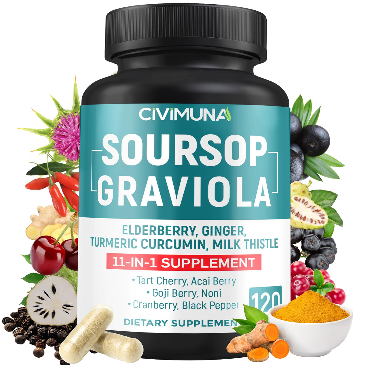 Bottle of Soursop Graviola Capsules with Elderberry and Turmeric
