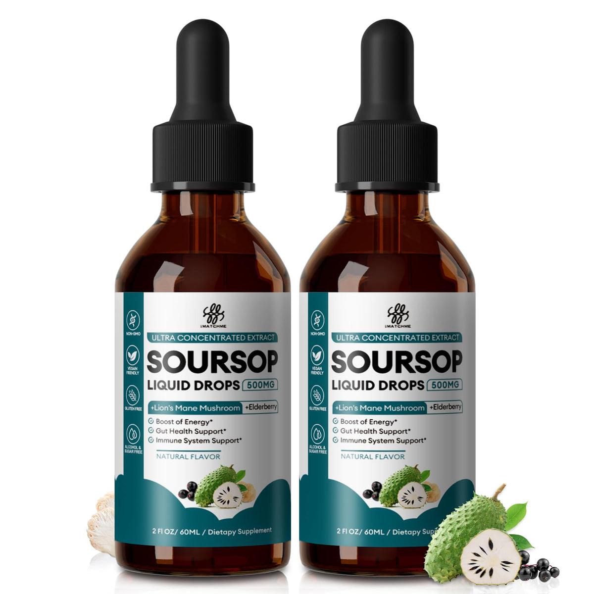 Two-pack Soursop Graviola liquid drop bottle with elderberry and lion's mane