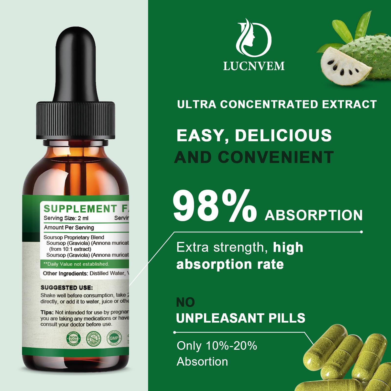 Side view of the Two-Pack Organic Soursop Graviola Liquid Drops bottle