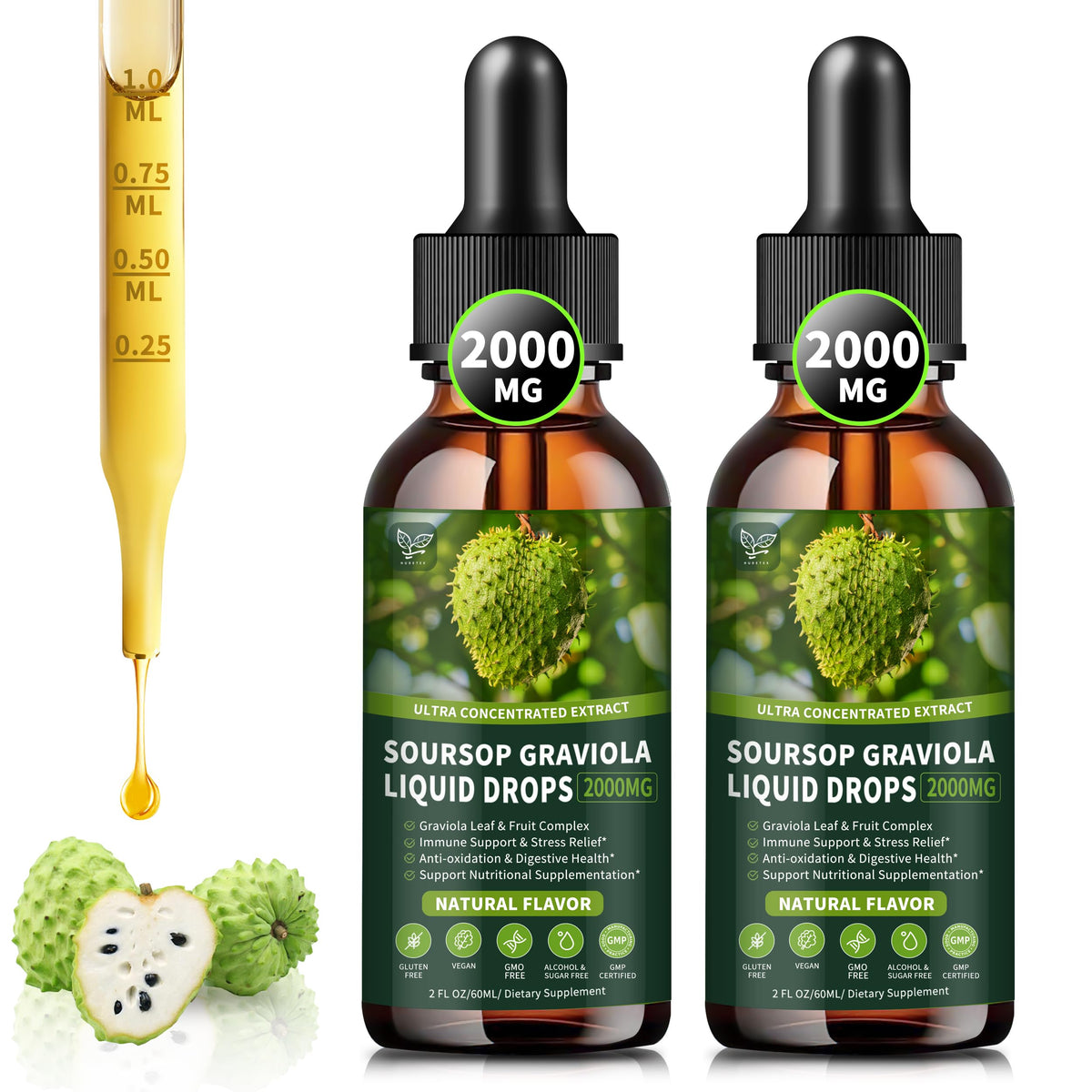 Front view of the 2-pack Soursop Graviola Liquid Drops bottle 4oz