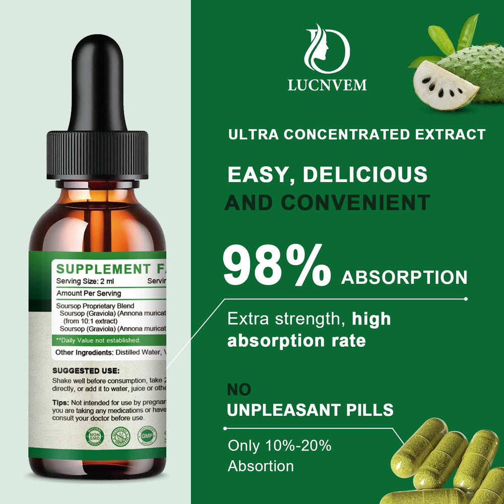 Close-up of Soursop Graviola liquid drops ingredients label