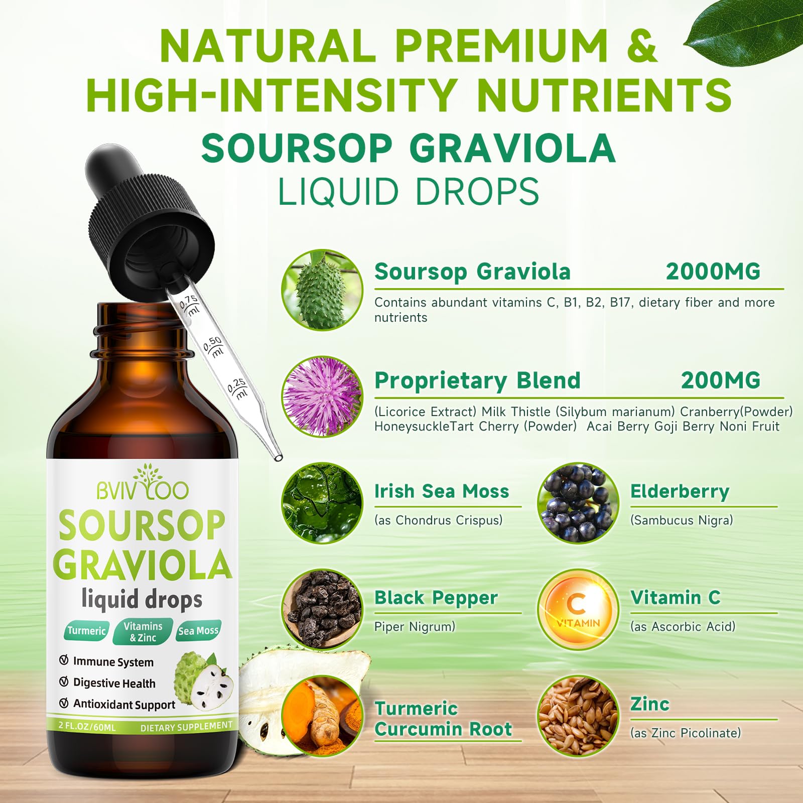 Front label of Soursop Graviola Liquid Drops