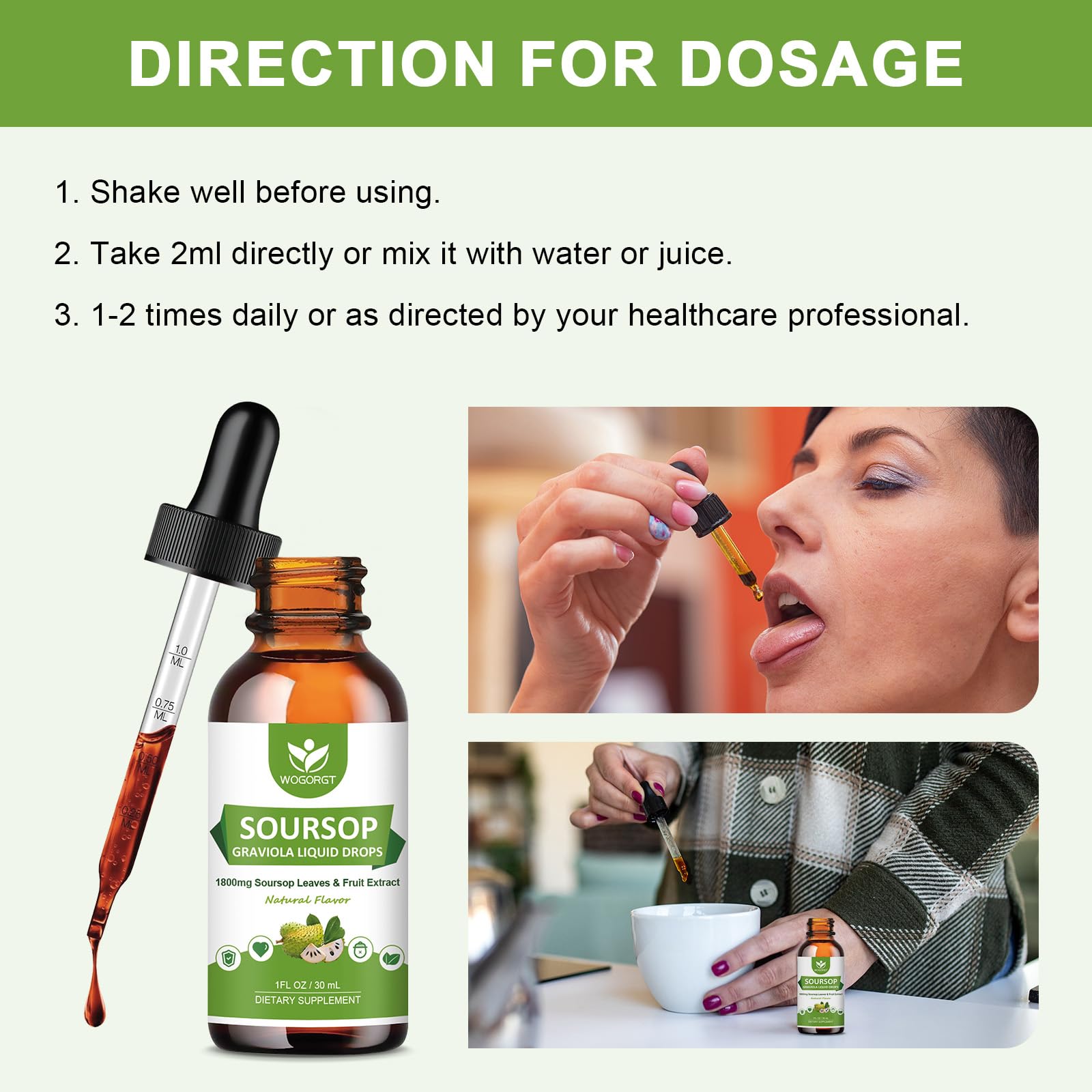 Usage image showing drops added to food or drink