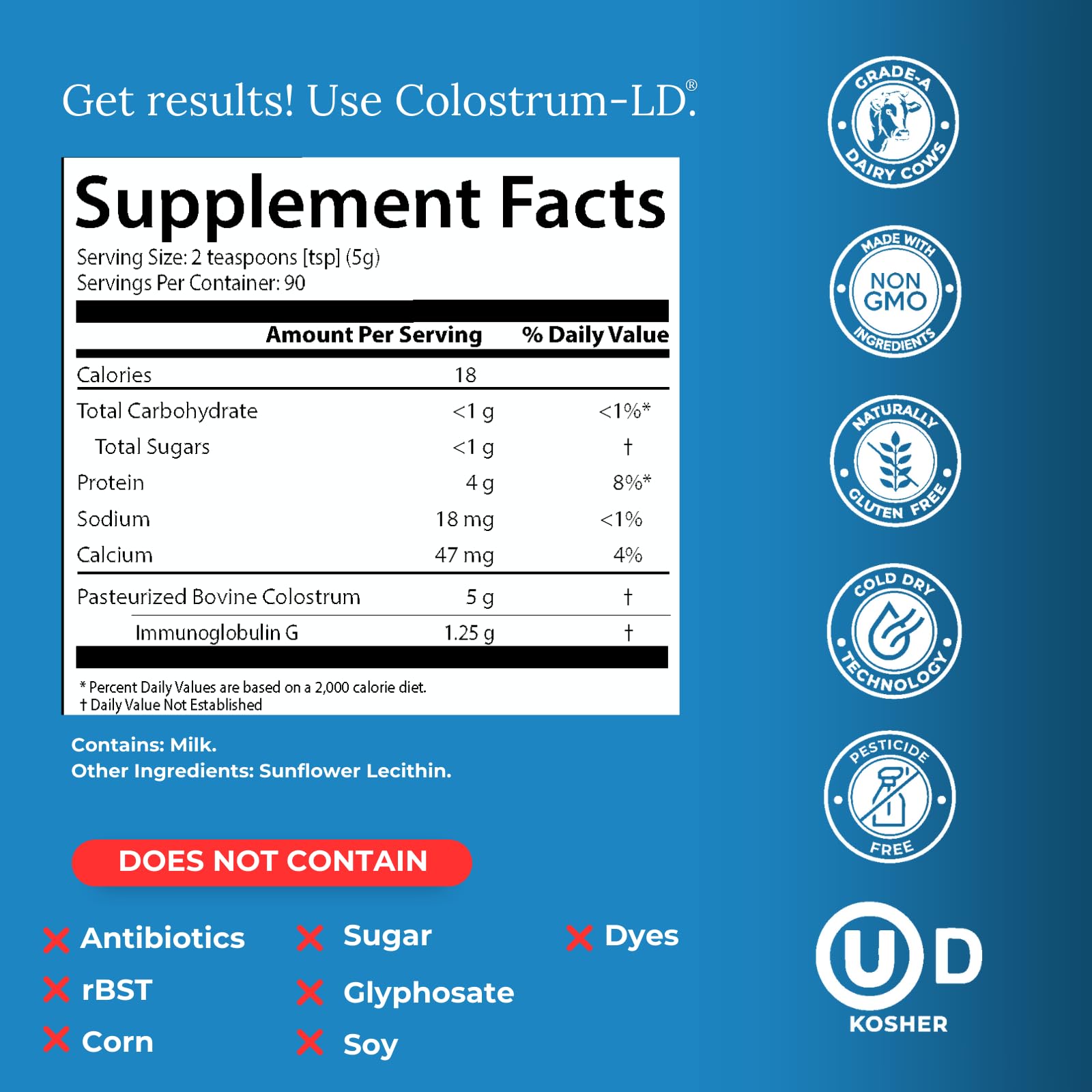 Colostrum-LD powder bottle highlighting gluten-free and lactose-reduced formula