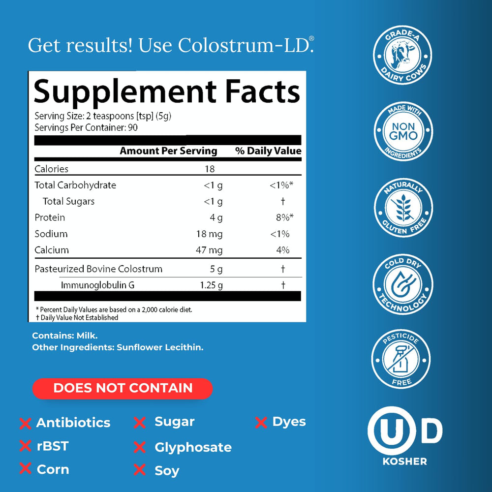 Colostrum-LD powder bottle highlighting gluten-free and lactose-reduced formula