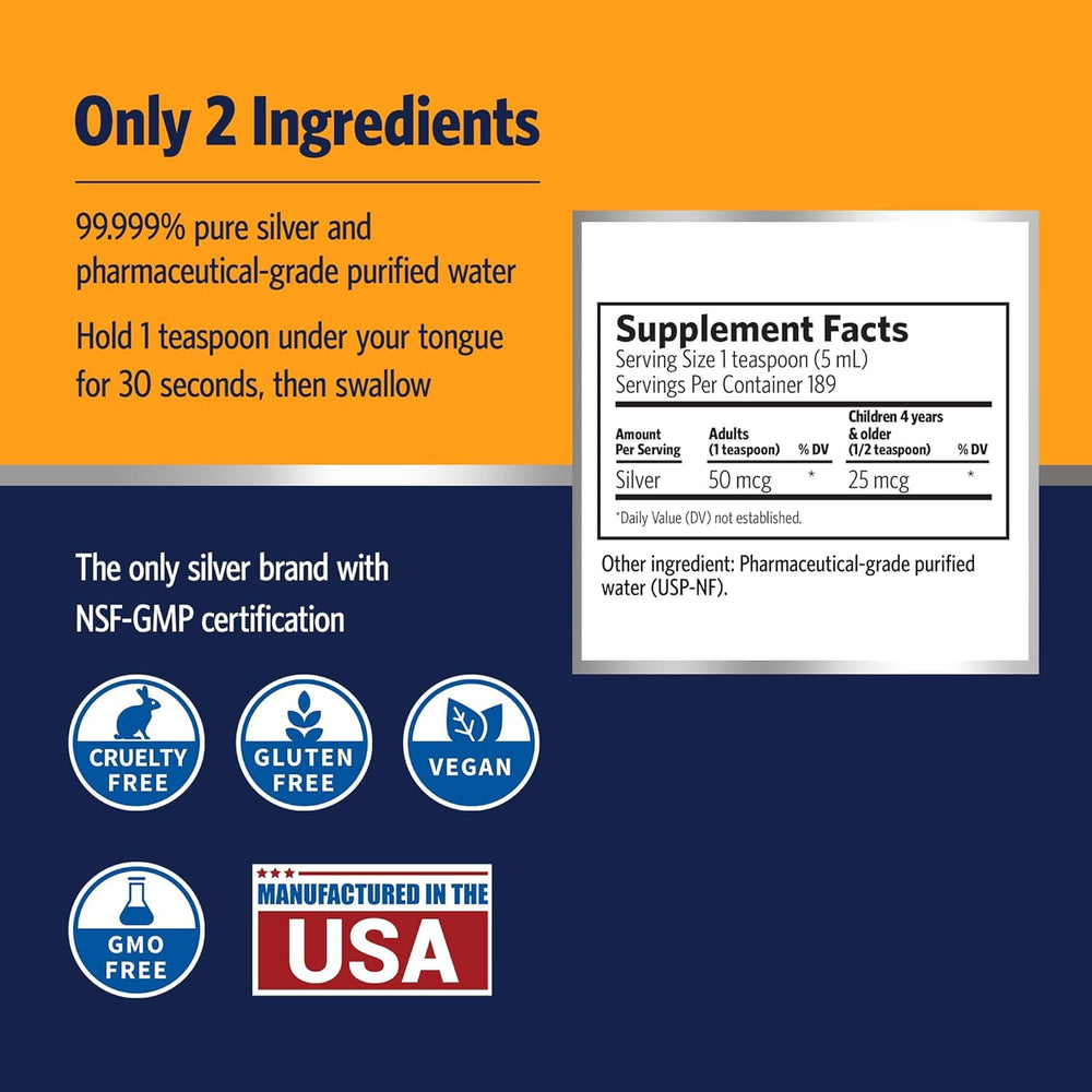 Close-up of Sovereign Silver label highlighting 10 ppm and Bio-Active Silver Hydrosol