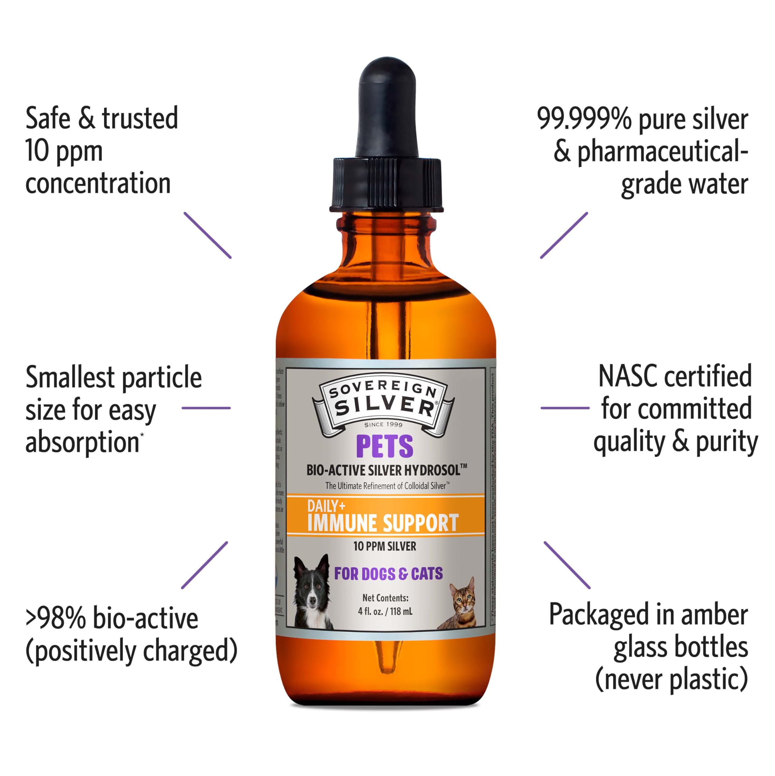 Amber glass bottle of Sovereign Silver Pets Immune Support for pets